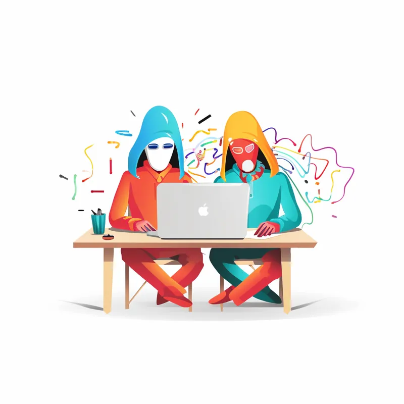 playful characters wearing colorful disguises, exchanging secret messages within a whimsical digital environment