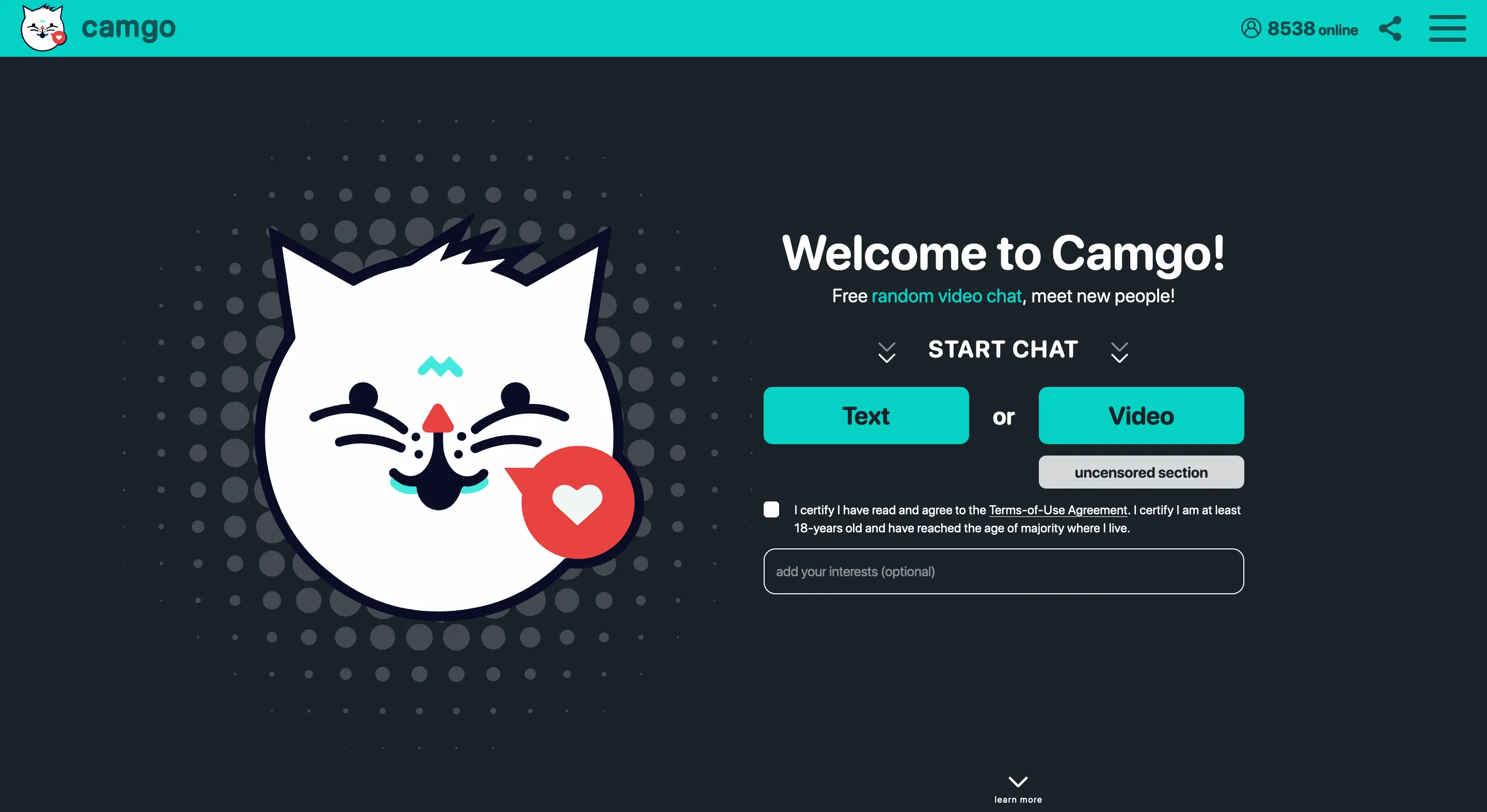 Here we go - the homepage of Camgo video chat! Just a cool white logo with slick typography and cute cartoon cat. Our whiskered feline friend is drawn winking with a big ol' friendly smile. And check out that fun curly tail! This fun mascot captures Camgo's laidback, playful vibe. Makes me wanna dive right in and start chatting up some strangers! If you're seeking a vibrant online community to beat boredom, this website hits the spot. So read on to learn all about Camgo - it just might become your new fave app!