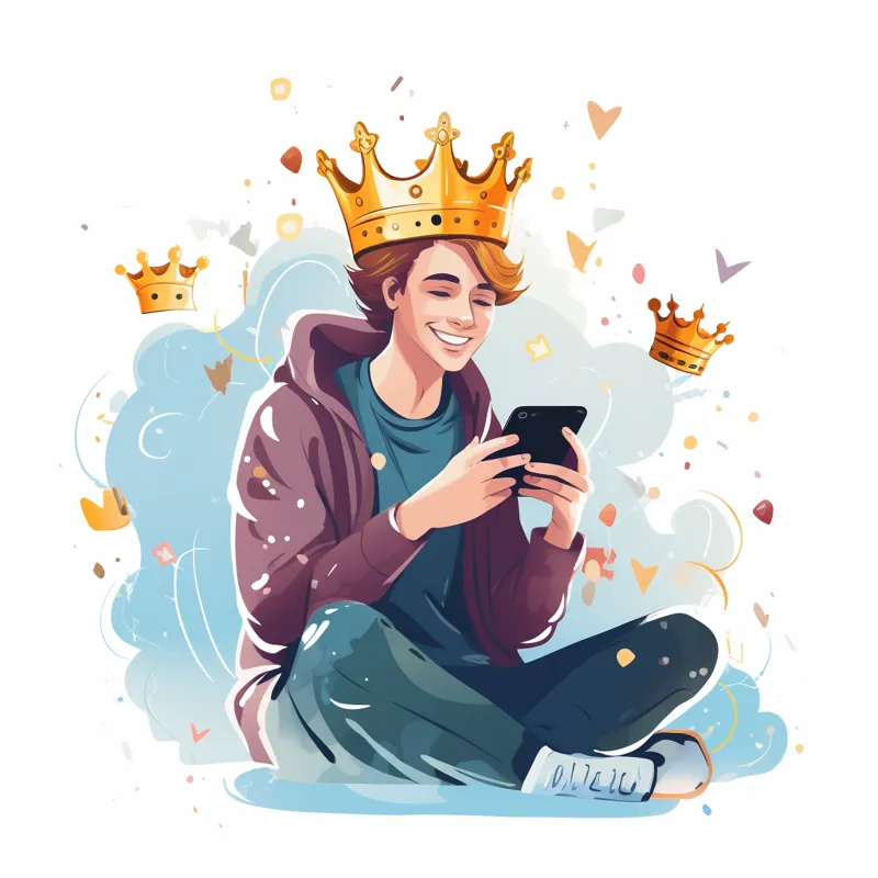 Young man in crown chatting online dating app